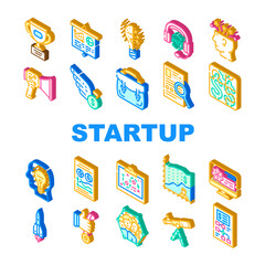 Startup Business Work Collection Icons Set Vector. Researching Market And Analyzing Price For Startup, Creative Brainstorm And Counting Money Profit Isometric Sign Color Illustrations