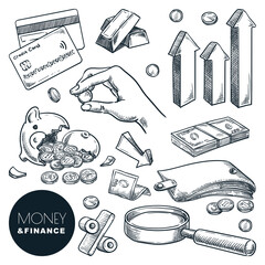 Money, investment and finance vector sketch icons. Crisis, financial losses and bankruptcy hand drawn design elements - 448294755