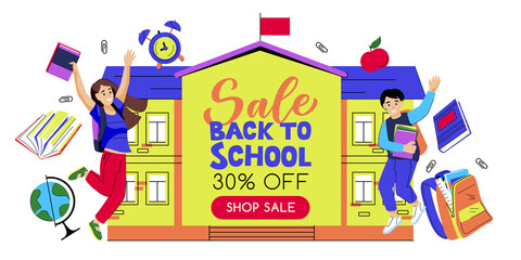 Back to school sale banner poster design template. Happy boy and girl on school building background. Vector illustration