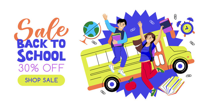 Back to school sale banner poster design template. Jumping kids on yellow school bus background. Vector illustration