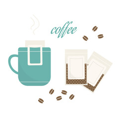 Vector illustration with cup of coffee and drip bags isolated on white background. 