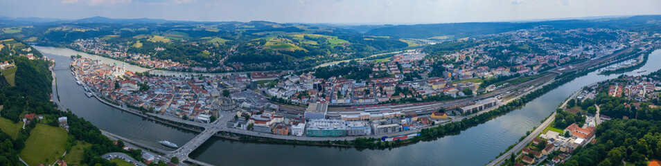 Aerial view around the city Passau in Germany., Bavaria on a sunny afternoon in spring.