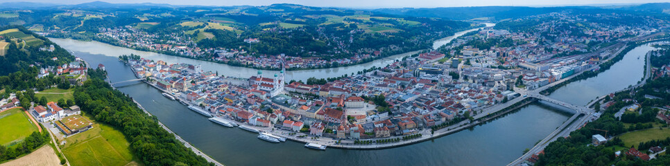 Fototapeta na wymiar Aerial view around the city Passau in Germany., Bavaria on a sunny afternoon in spring.