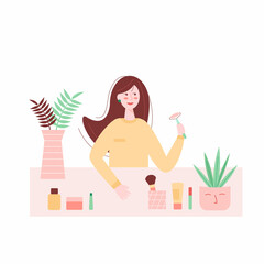 Vector illustration with girl, skin care products and home plants.