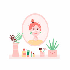 Vector illustration of a girl with eye patches doing cosmetic procedures at home.