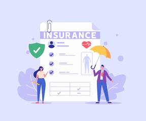 Medical insurance. Concept of health insurance and life insurance. Protection of health and life of people with document of insurance. Healthcare and medical service. Vector illustration in flat