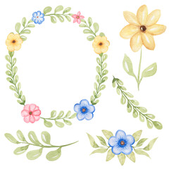Delicate cute Flower set, Wildflowers Bouquet and wreath clipart, Watercolor hand drawn Florals illustration, Bright flower Arrangement, Wedding Invites, Baby Shower, Logo design