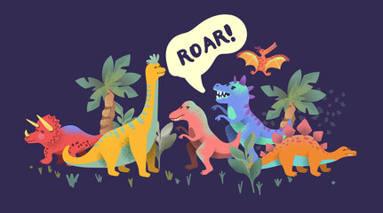 Bright colourful happy dinosuar story characters! Vector illustration