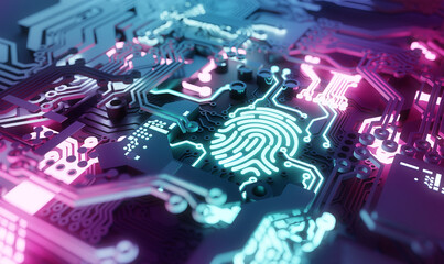 Digital biometric fingerprint security concept. Online Network and personal identity computer hardware. 3D illustration.