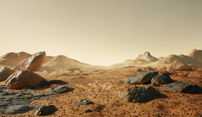Landscape of Mars.The martian surface scatters with rocks and dust, with distant mountains. 3D background illustration. © James Thew