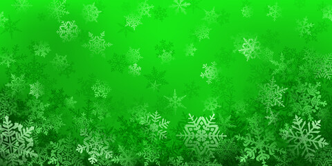 Background of complex Christmas snowflakes in green colors. Winter illustration with falling snow