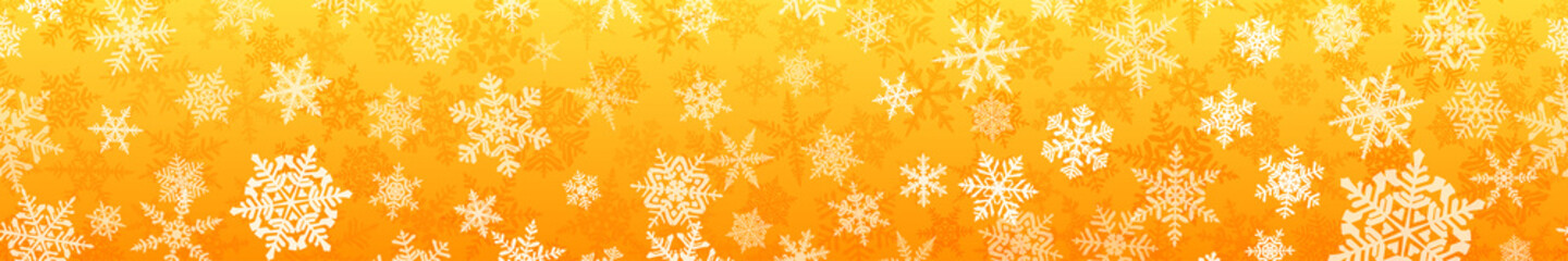 Fototapeta na wymiar Banner of complex Christmas snowflakes with seamless horizontal repetition, in yellow colors. Winter background with falling snow
