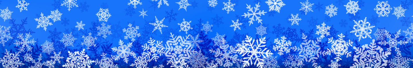 Banner of complex Christmas snowflakes with seamless horizontal repetition, in blue colors. Winter background with falling snow