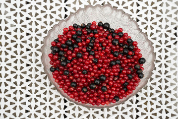 Frosted glass bowl with red and black currants