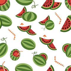 Watermelon pattern of watermelon slices cut watermelons with pips with cocktail straws with cocktail umbrellas vector illustration