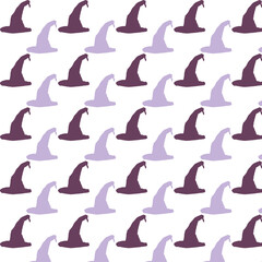 Vector pattern with purple witch hats on a white background. Halloween. All Saints' Day. Hand drawing. Doodle