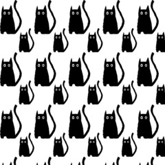 Vector pattern with black cats on a white background. Halloween. All Saints' Day. Hand drawing. Doodle
