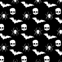 Vector pattern with white skulls, spiders and bats on a black background. Halloween. All Saints' Day. Hand drawing. Doodle