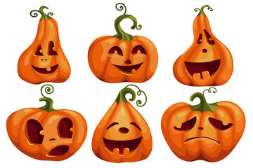 Set of Emotional Pumpkins for Bright Designs for the Holiday Halloween Stylized Vector Graphics