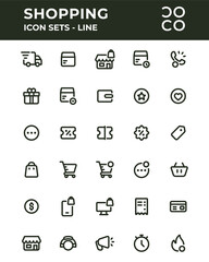 Vector illustration of Shopping and E commerce icon Sets. Outline icon. Dark green color. Suitable for use in applications, websites, social media, brochures, etc