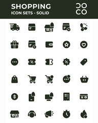 Vector illustration of Shopping and E commerce icon sets. Solid icon. Dark green color. Suitable for use in applications, websites, social media, brochures, etc