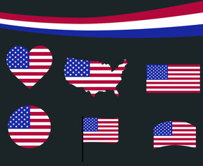United States Flag Map Ribbon And Heart Icons Vector Illustration Abstract National Emblem Design Elements collection