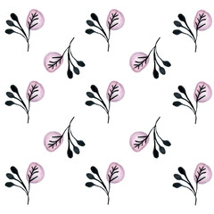 Minimalistic pattern of branch with berries on a white background