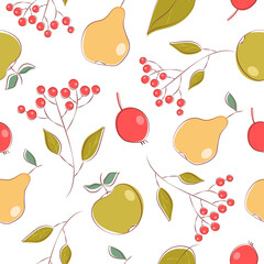 Vector seamless autumn pattern with fruits, berries and leaves.