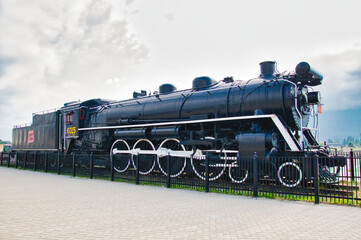 The historic Canadian National locomotive placed beside the Jasper station.  Jasper AB Canada 
