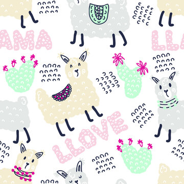 Pastel colored seamless pattern of lamas, cactuses and text LLAMA LLOVE. Perfect for T-shirt, textile and prints. Hand drawn vector illustration for decor and design.
