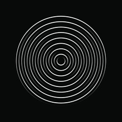 White concentric lines in circle form. Geometric art. Design element for border frame, round logo, blackout tattoo, sign, symbol, web pages, prints, template, pattern and abstract background