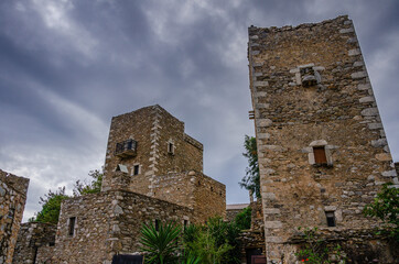 Architectural and old historical towers dominating the area at the famous Vathia village in the Laconian Mani peninsula. Laconia, Peloponnese, Greece, Europe.sightseeing