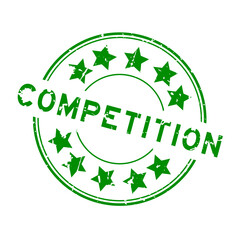 Grunge green competition word with star icon round rubber seal stamp on white background