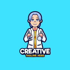 Doctor holding volumetric flask and syringe mascot logo design illustration