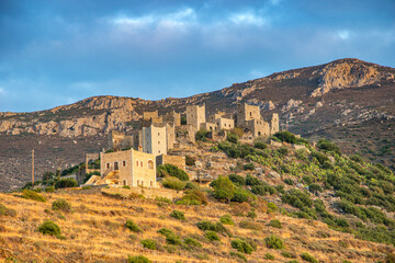Fototapeta na wymiar Architectural and old historical towers dominating the area at the famous Vathia village in the Laconian Mani peninsula. Laconia, Peloponnese, Greece, Europe.sightseeing