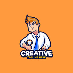 Job seeker holding a magnifying glass tool mascot logo design illustration