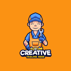 Mechanic holding wrench logo design mascot illustration