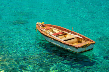Scenic view from the picturesque seaside village Limeni. Traditional houses and colorful stoned buildings in Limeni, Mani area, Laconia, Greece