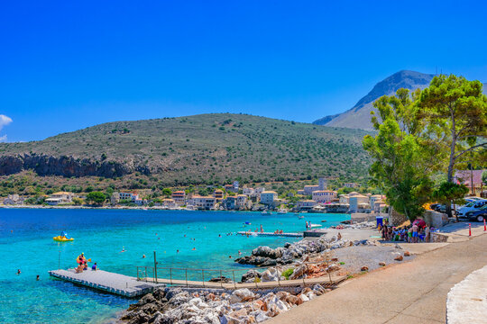 Scenic view from the picturesque seaside village Limeni. Traditional houses and colorful stoned buildings in Limeni, Mani area, Laconia, Greece