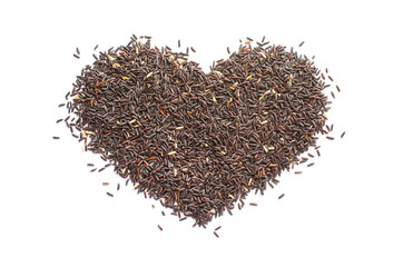 Group of dry organic riceberry seed pile in heart shape on white background, for clean food ingredient lover concept