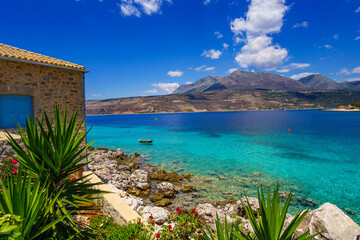 Scenic view from the picturesque seaside village Limeni. Traditional houses and colorful stoned buildings in Limeni, Mani area, Laconia, Greece