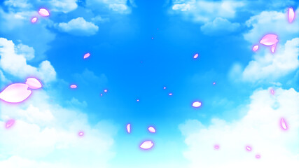 Fototapeta premium 清涼感のある青空と桜のような花びらの背景と、雲のイメージ画像