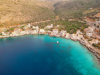 Iconic aerial view over the picturesque seaside Limeni village in Mani area, Laconia, Greece
