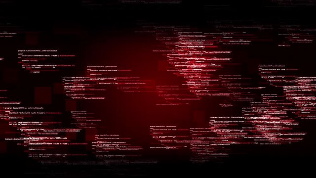 Animation seamless loop of programming on abstract digital screen. Variety Code languages C, Assembler, Java, Javascript, HTML and CSS. Computer program code running virtual space. Hacking Code error.
