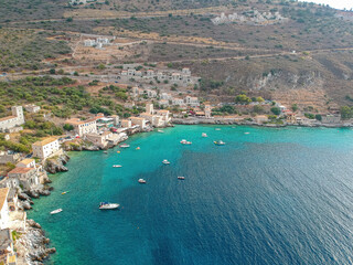 Iconic aerial view over the picturesque seaside Limeni village in Mani area, Laconia, Greece