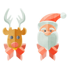 サンタとトナカイの手書き水彩風イラスト
