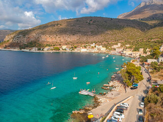 Iconic aerial view over the picturesque seaside Limeni village in Mani area, Laconia, Greece