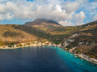 Obraz premium Iconic aerial view over the picturesque seaside Limeni village in Mani area, Laconia, Greece