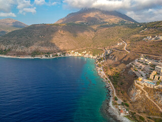 Obraz premium Iconic aerial view over the picturesque seaside Limeni village in Mani area, Laconia, Greece