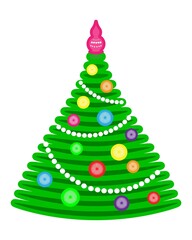 a Christmas tree decorated with balloons and garlands. colorful isolated drawing in the art style. sticker, map, poster, template. a decorative element.